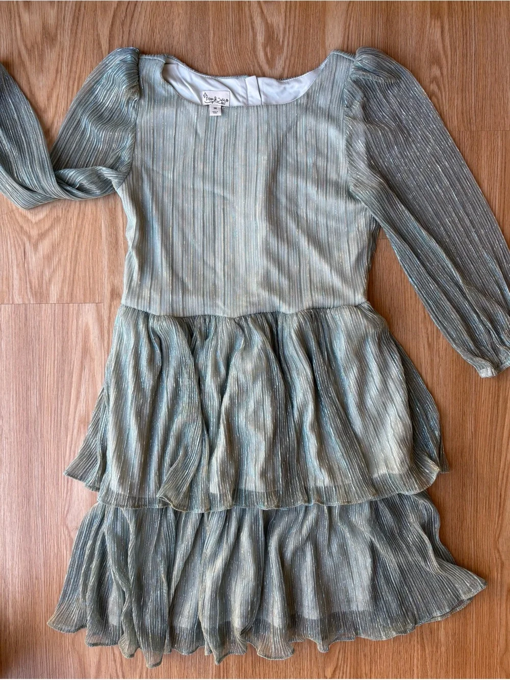 Puppy & Julie Kids Sage Green Metallic Tiered Dress